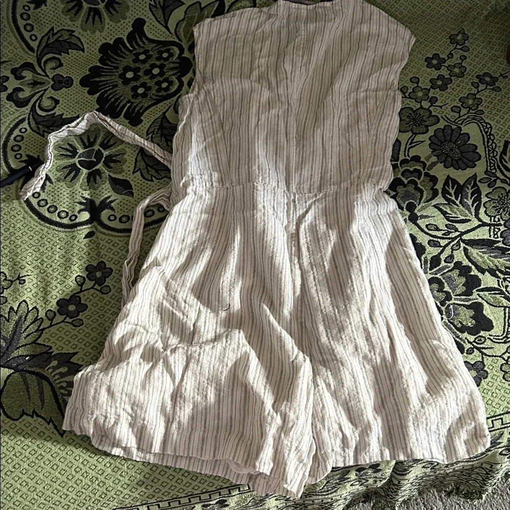 Zara Basic White and Black Striped wrap tie linen romper/jumpsuit
